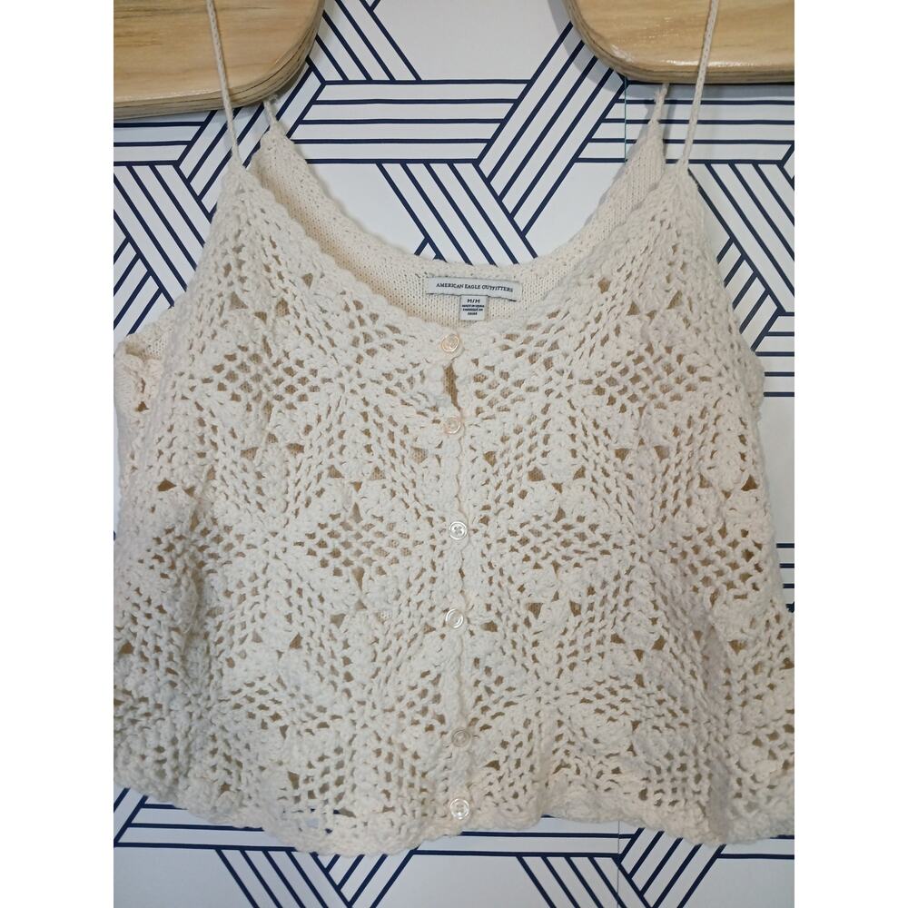American Eagle Outfitters Cream Crochet Button-Front Tank Top